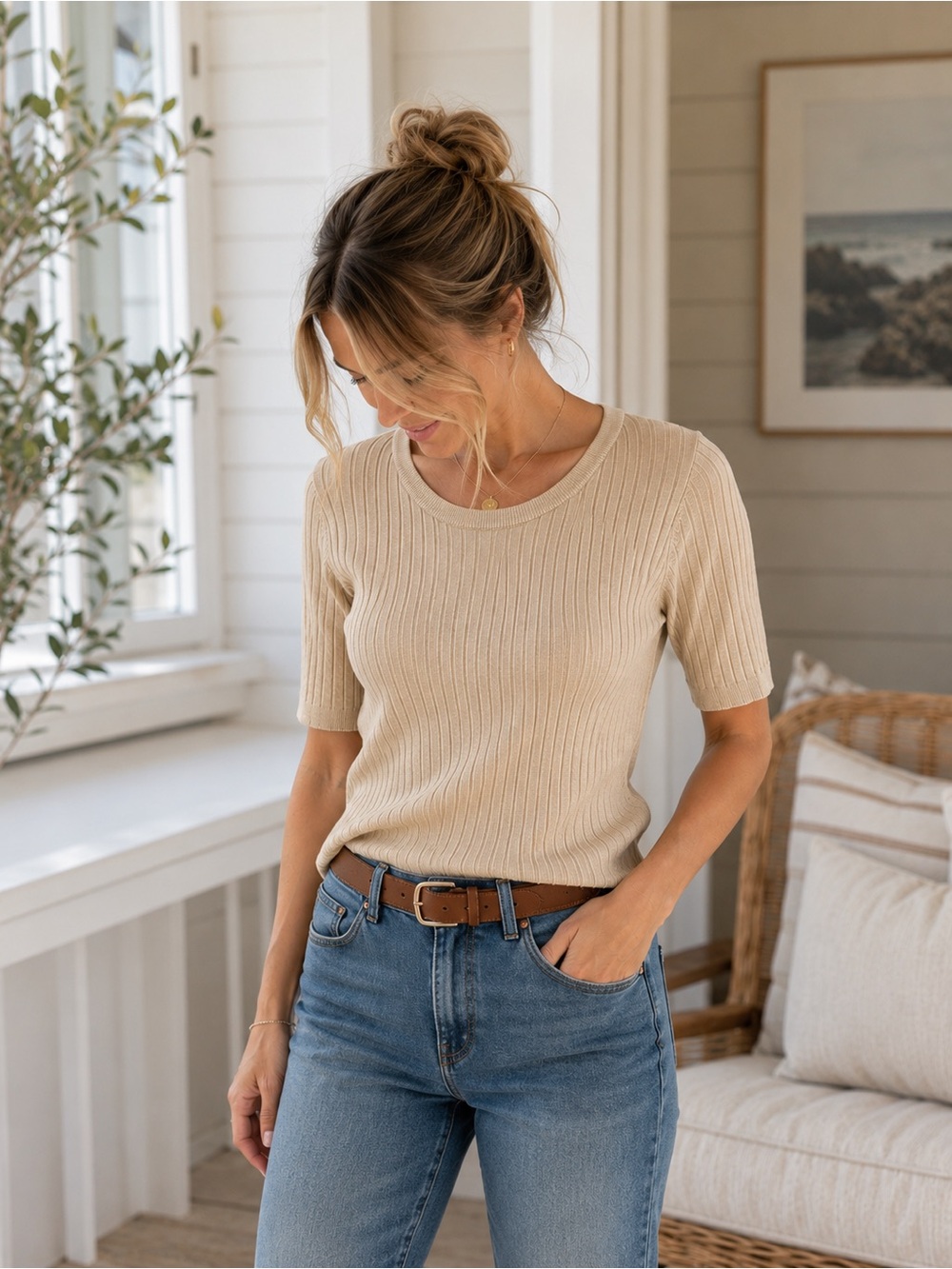 SOYA CONCEPTS Ribbed Knit Top | Size Large | Soft Stretch Knit | Neutral Beige